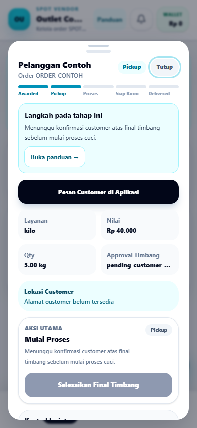 Detail order meminta Vendor menunggu konfirmasi Customer atas timbang final