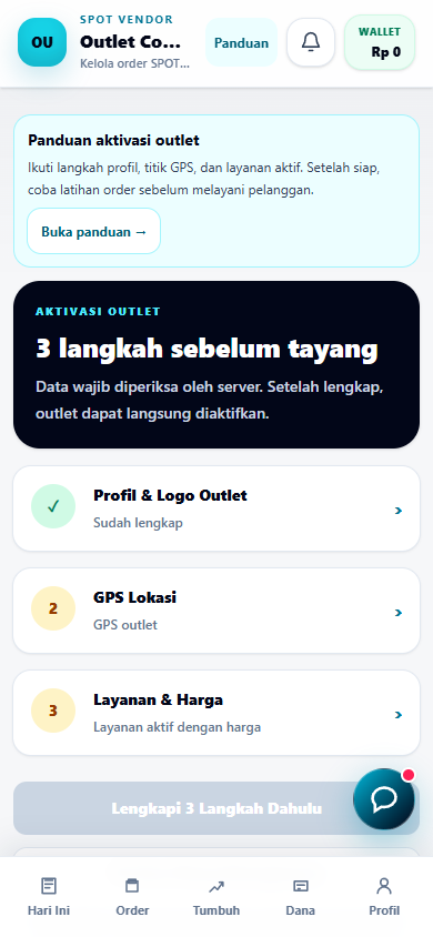 Checklist aktivasi outlet: profil, GPS, dan layanan dengan harga